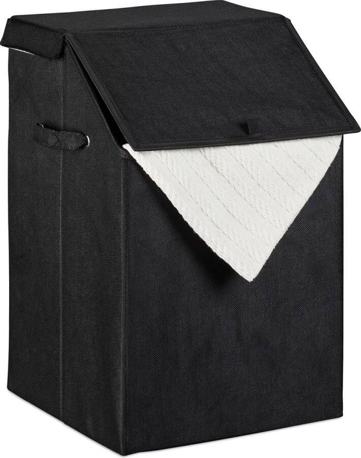 Relaxdays Opvouwbare wasmand deksel 56 liter waszak met handgrepen wastas zwart