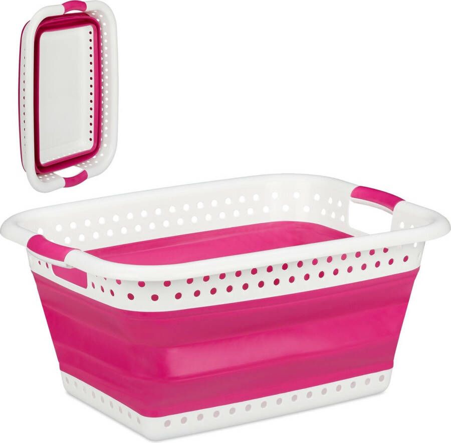 Relaxdays opvouwbare wasmand plastic kunststof mand voor wasgoed inklapbaar 37 L roze