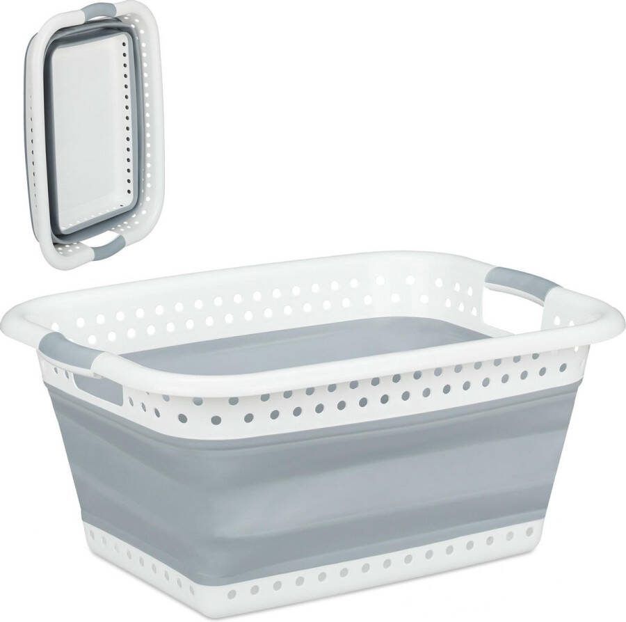 Relaxdays opvouwbare wasmand plastic kunststof mand voor wasgoed inklapbaar 37 L grijs