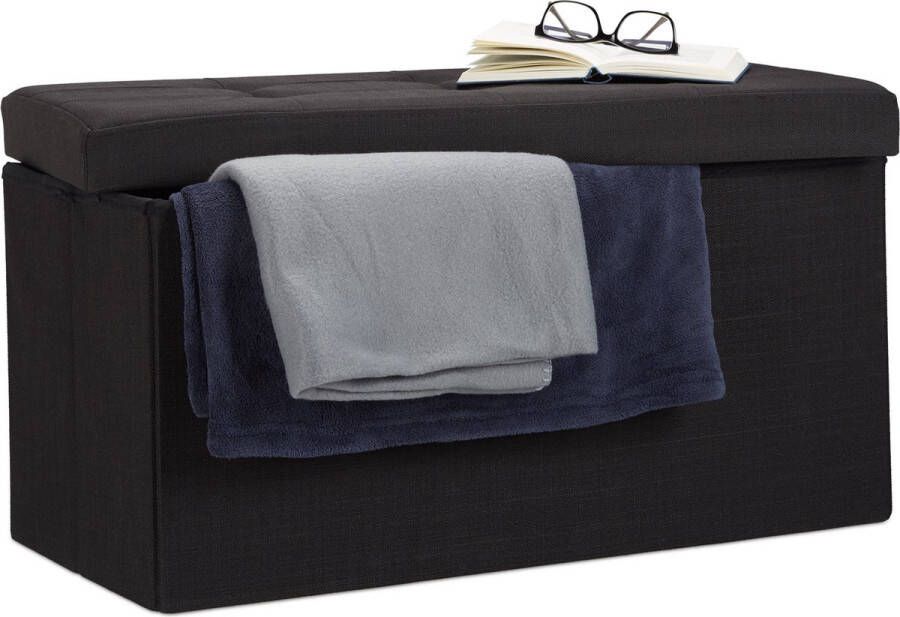 Relaxdays opvouwbare zitbank linnen zitkist met opslagruimte bank 38 x 76 x 38 cm zwart