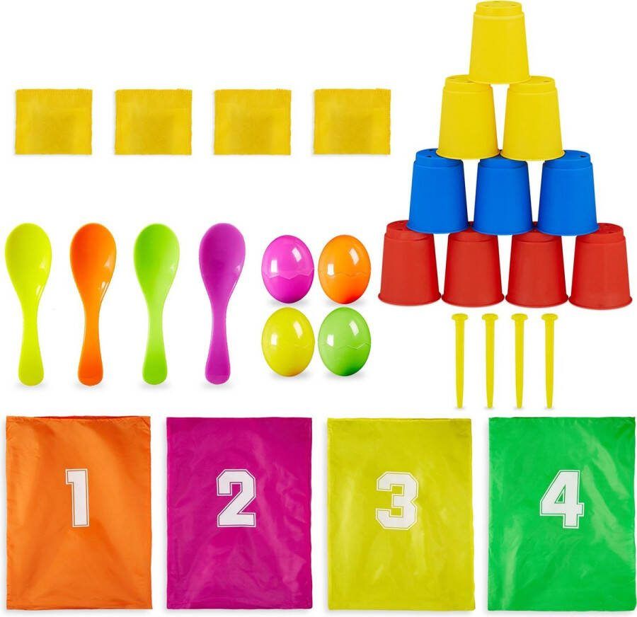 Relaxdays oud Hollandse spelletjes zaklopen blikgooien eierlopen kinderfeestje