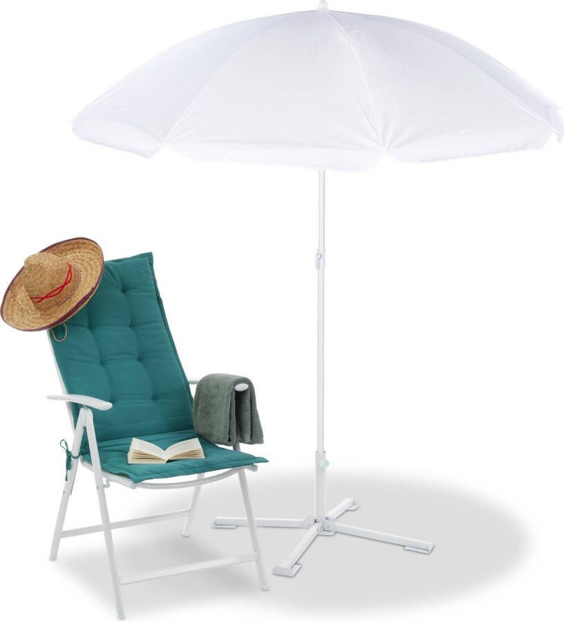 Relaxdays parasol 160 cm ronde stokparasol met knikarm witte strandparasol camping