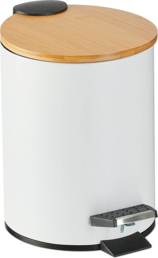 Relaxdays pedaalemmer 3 L badkamer & keuken vuilbakje softclose bamboe deksel wit