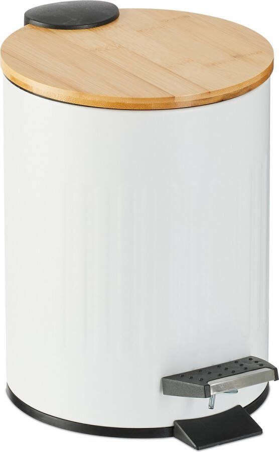 Relaxdays pedaalemmer 3 liter afvalbakje badkamer bamboe deksel softclose keuken wit