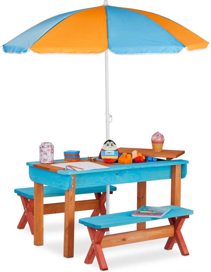 Relaxdays picknicktafel kind met parasol speeltafel zandtafel met 2 banken speeltafel