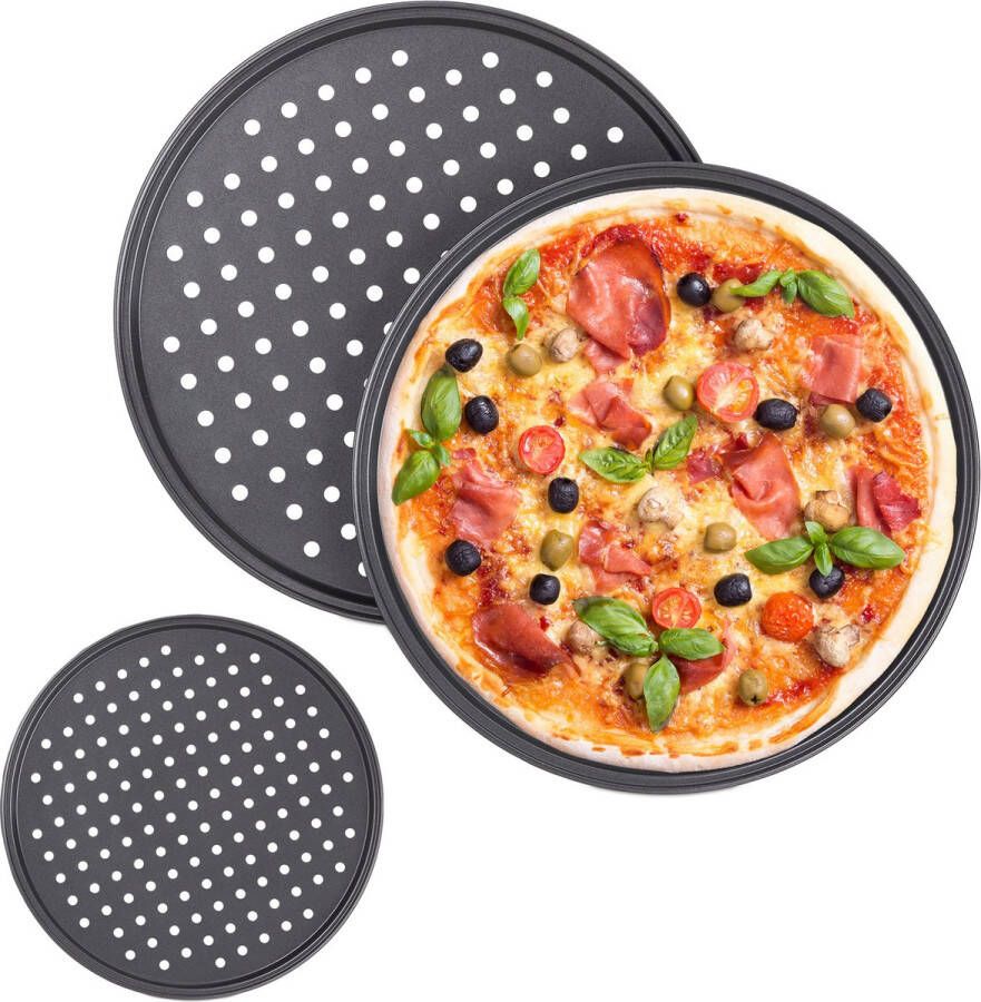 Relaxdays pizza bakplaat set van 3 anti aanbak rond pizzaplaat pizza bakvorm