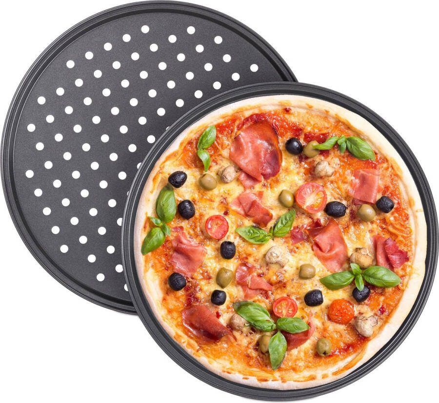 Relaxdays pizzaplaat 2 stuks pizza bakplaat rond antiaanbaklaag geperforeerd grijs