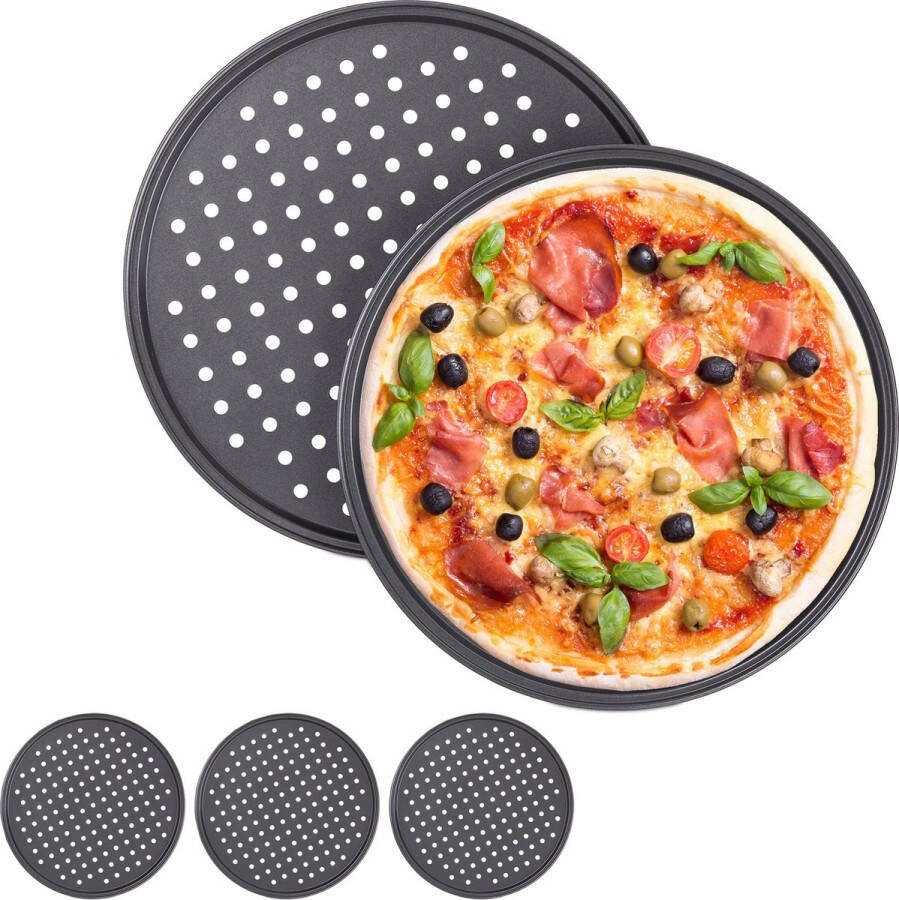 Relaxdays pizzaplaat 5 stuks bakplaat rond met gaatjes voor pizza & flammkuchen