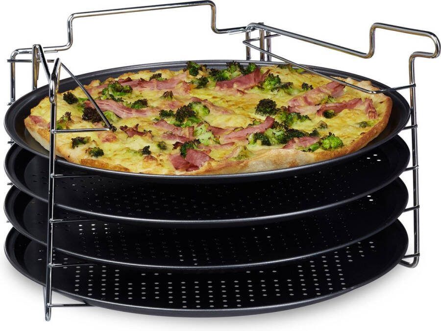 Relaxdays pizzaplaat met standaard 4 stuks ronde bakplaat bakset pizza antiaanbak