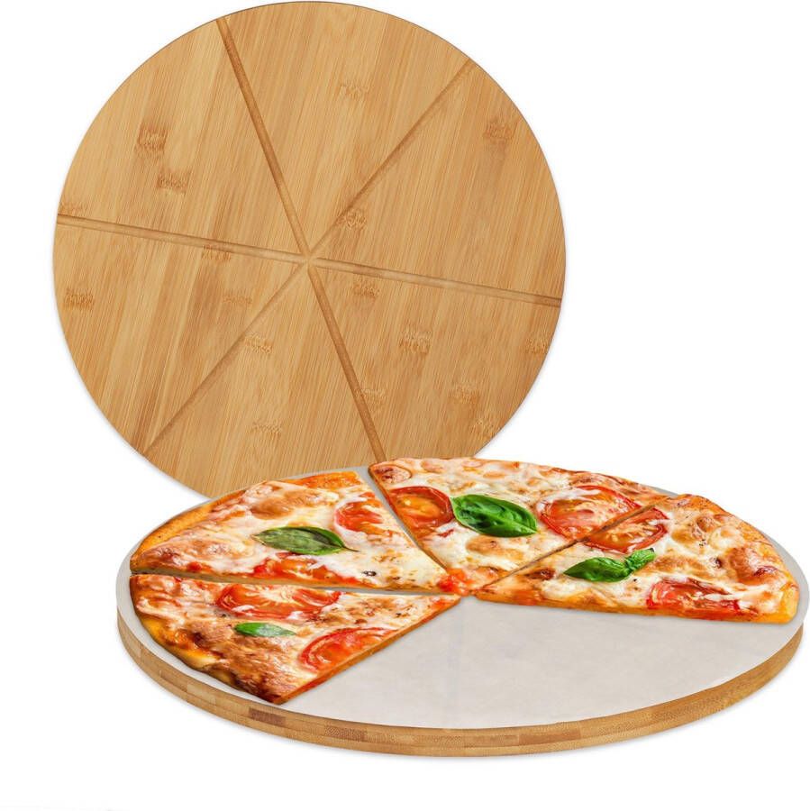 Relaxdays Pizzaplank bamboe set van 2 rond serveerplank- 33 cm bakpapier pizzabord