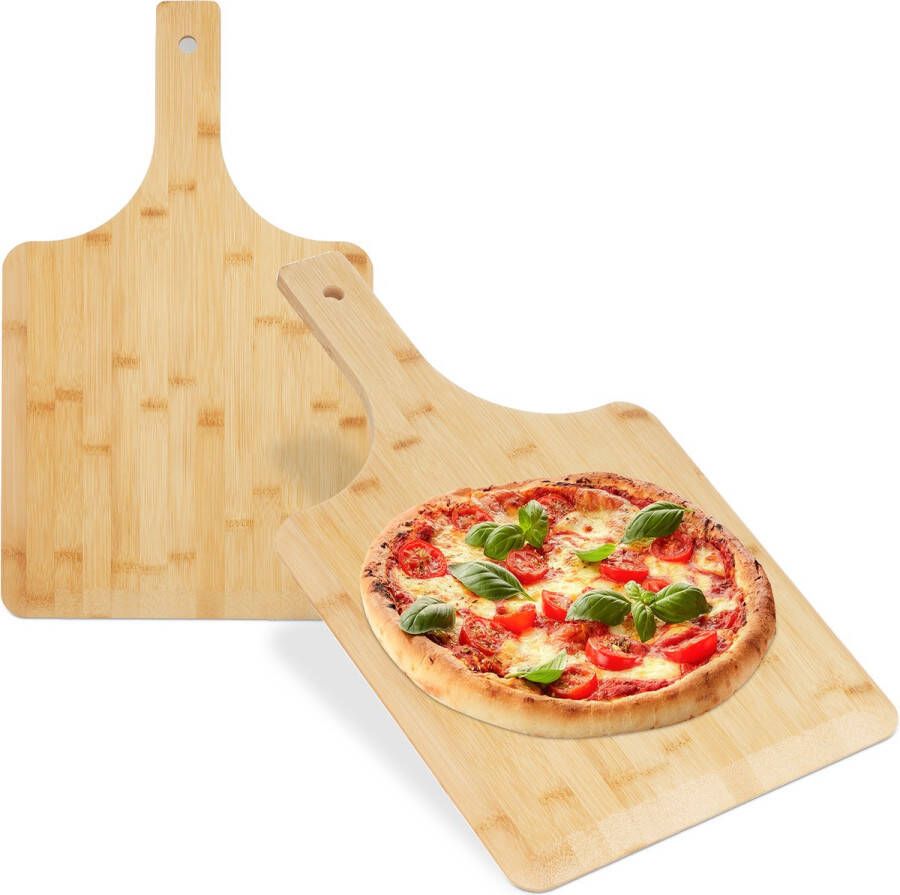 Relaxdays pizzaschep set van 2 pizzaspatel rechthoekig afgeronde hoeken bamboe
