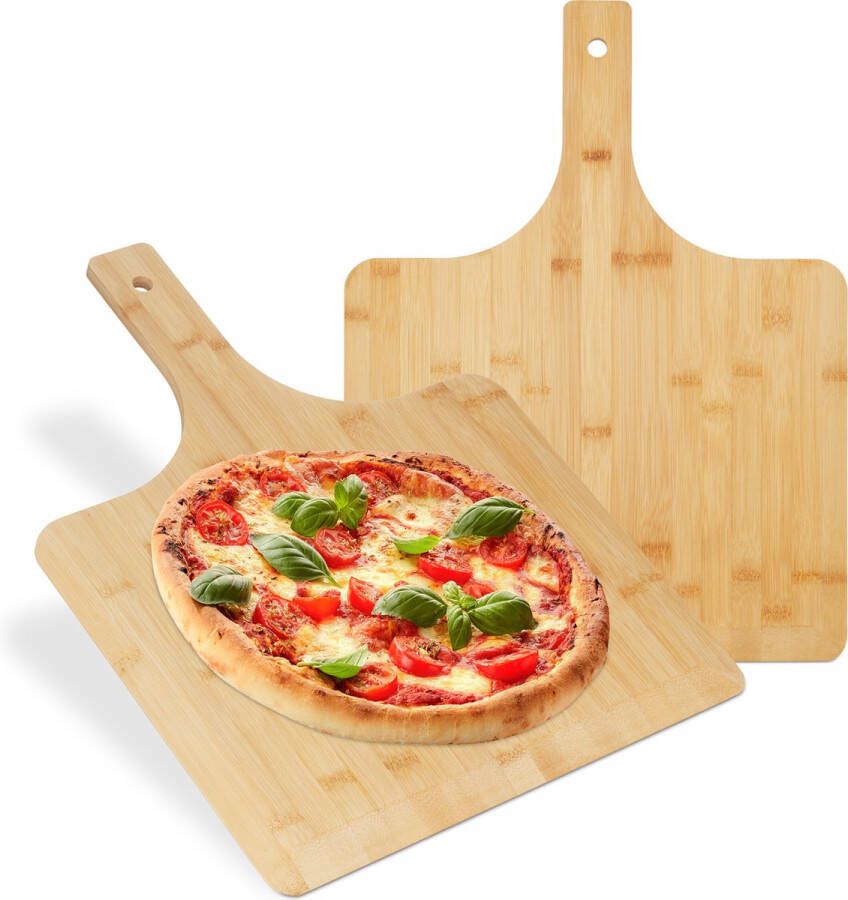 Relaxdays pizzaschep XXL bamboe set van 2 pizzaspatel met korte steel broodschep