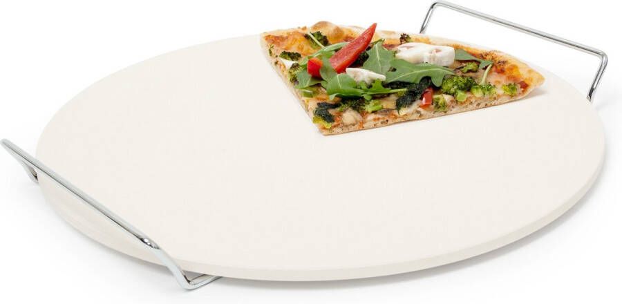 Relaxdays Pizzasteen met metalen houder rond 33cm pizzaplaat cordieriet baksteen
