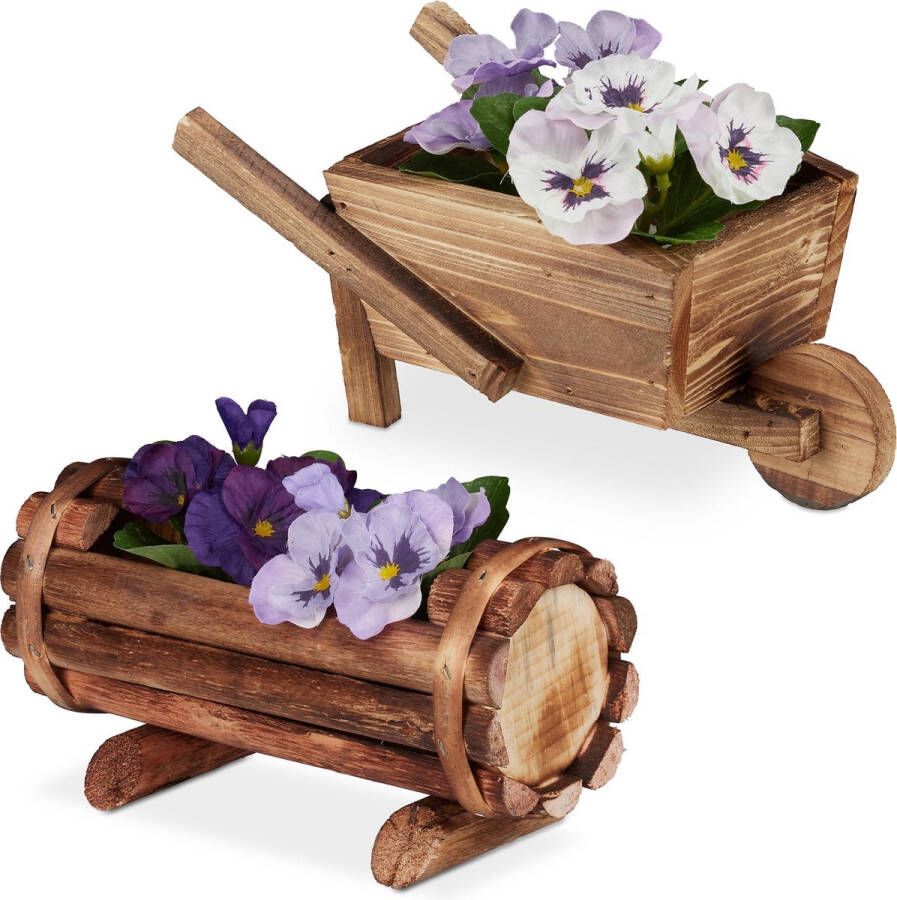 Relaxdays plantenbak hout bloembak set van 2 bloempot kruiwagen tuindecoratie klein