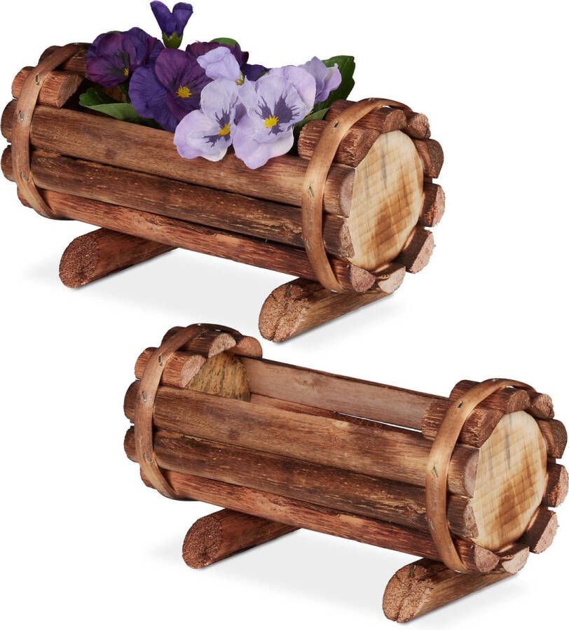 Relaxdays plantenbak hout halve vat set van 2 houten tuindecoratie kleine bloembak