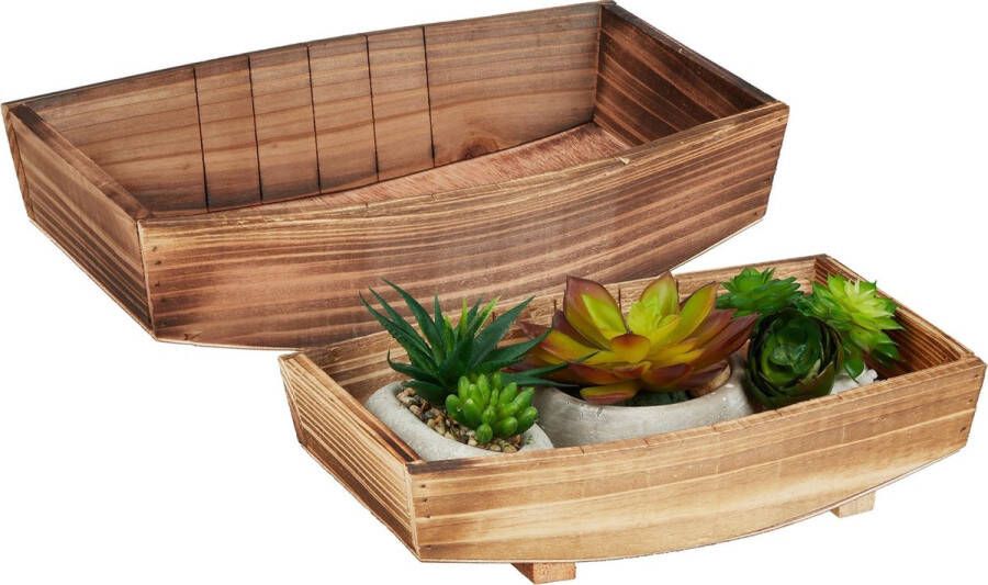 Relaxdays plantenbak hout set van 2 bloembak laag tuindecoratie houten schaal