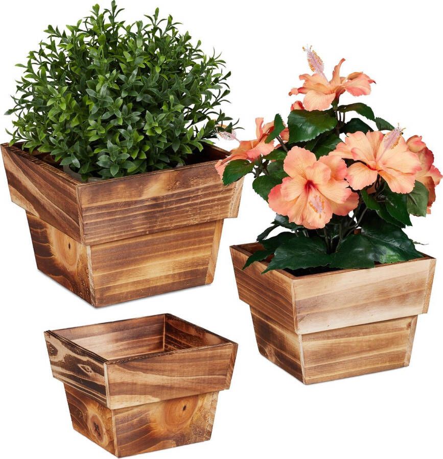 Relaxdays plantenbak hout set van 3 bloembak bloempot tuindecoratie plantenpot