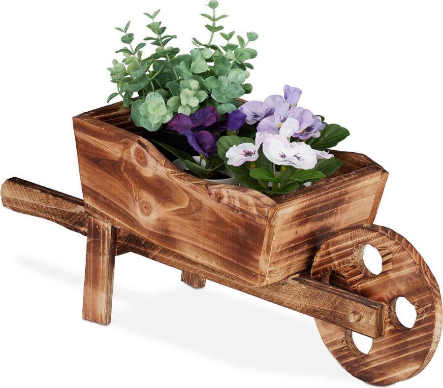 Relaxdays plantenbak kruiwagen bloembak hout houten bloempot tuindecoratie vintage