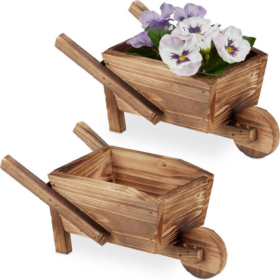 Relaxdays plantenbak kruiwagen set van 2 bloembak hout bloempot tuindecoratie smal
