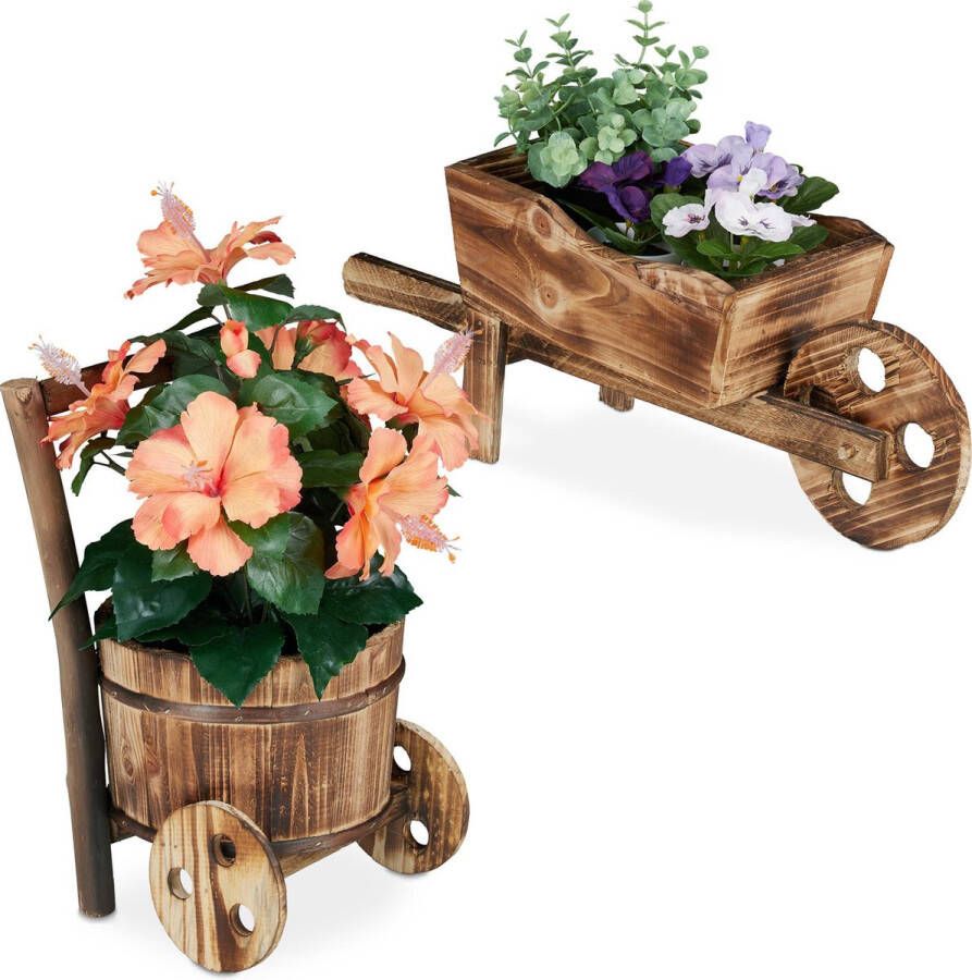 Relaxdays plantenbak kruiwagen set van 2 houten tuindecoratie bloembak vintage kar