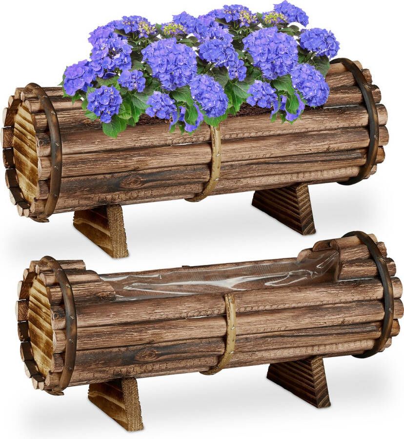 Relaxdays Plantenbak set van 2 hout bloembak binnen & buiten met folie balkonbak