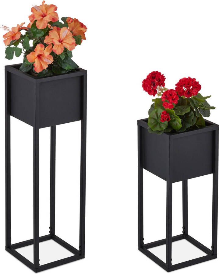 Relaxdays plantenbak staand set van 2 bloembak op voet plantenstandaard zwart metaal