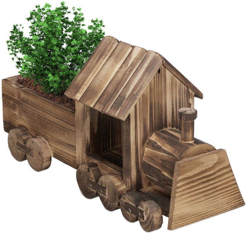 Relaxdays Plantenbak trein hout tuindecoratie bloempot met folie houten trein