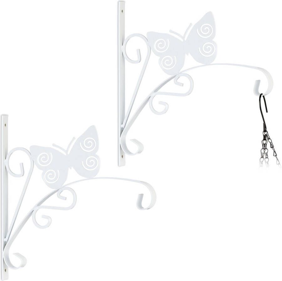 Relaxdays plantenhaak met vlinder set van 2- bloemenhaak wandhaak metaal wit