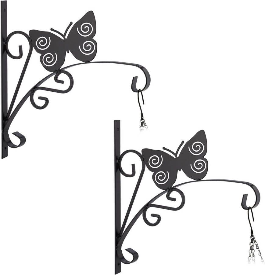 Relaxdays plantenhaak met vlinder set van 2- bloemenhaak wandhaak metaal zwart