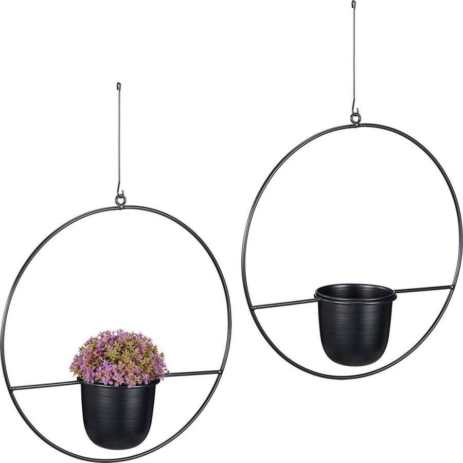 Relaxdays plantenhanger metaal set van 2 hangpot industrieel hangende bloempot zwart