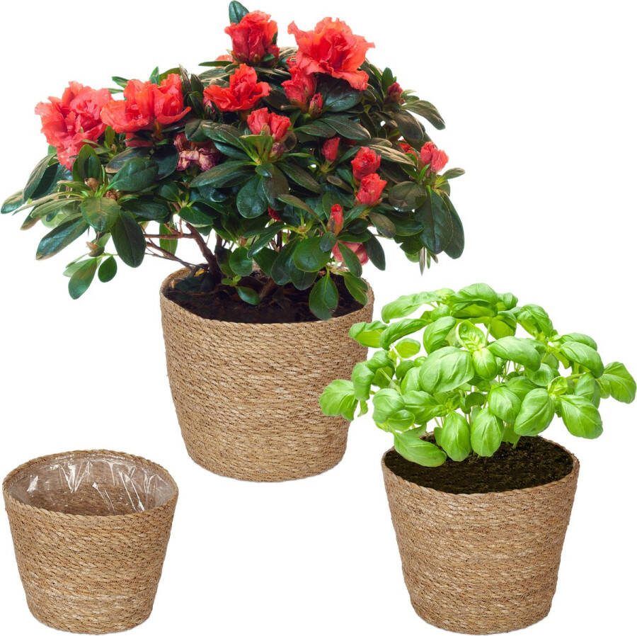 Relaxdays plantenmand zeegras set van 3 gevlochten bloempot met folie plantenpot
