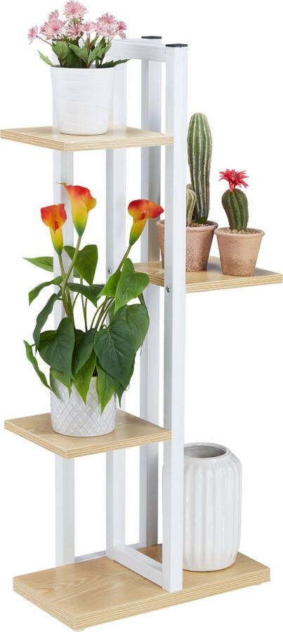 Relaxdays plantenrek 4 etages metaal bloemenrek binnen plantentrap houtlook smal bruinen