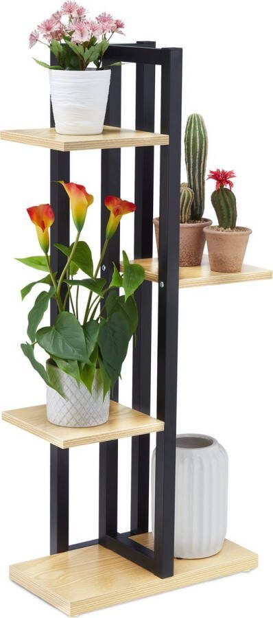 Relaxdays plantenrek 4 etages metaal bloemenrek binnen plantentrap houtlook zwart bruinen