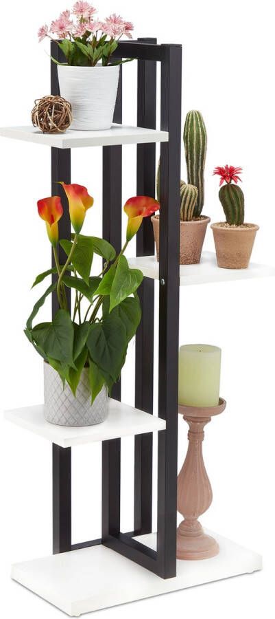 Relaxdays plantenrek 4 etages metaal bloemenrek binnen plantentrap houtlook zwart wit