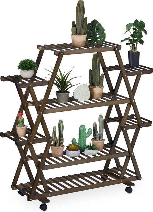 Relaxdays plantenrek 8 vakken plantenetagere wieltjes bamboe donkerbruin