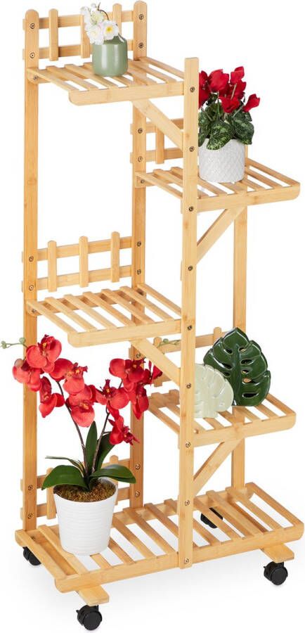 Relaxdays plantenrek bamboe bloemenrek met 5 etages planten etagere op wielen