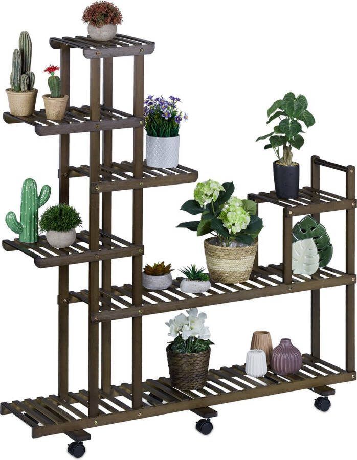 Relaxdays plantenrek bamboe bruin binnen planten etagere bloemenrek op wielen