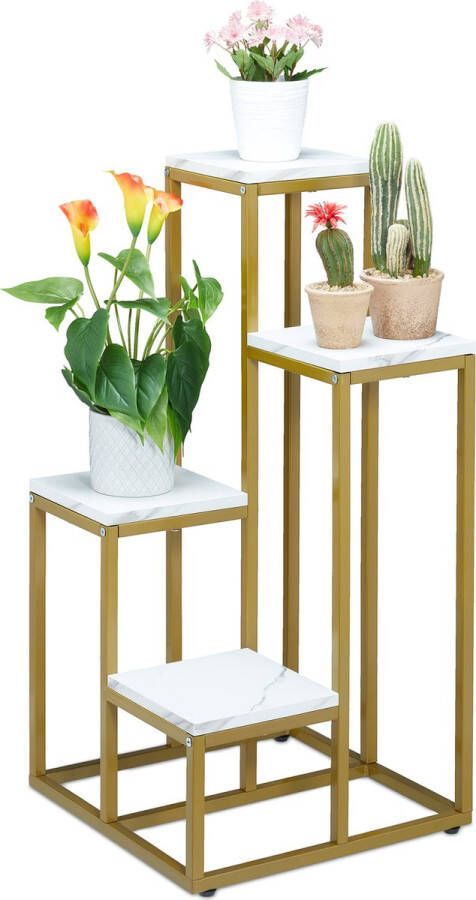 Relaxdays plantenrek binnen goud planten etagere staal plantenstandaard woonkamer wit