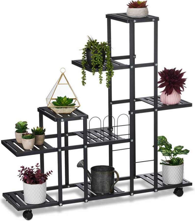 Relaxdays plantenrek binnen met wielen groot plantentrap met 9 plateaus staal