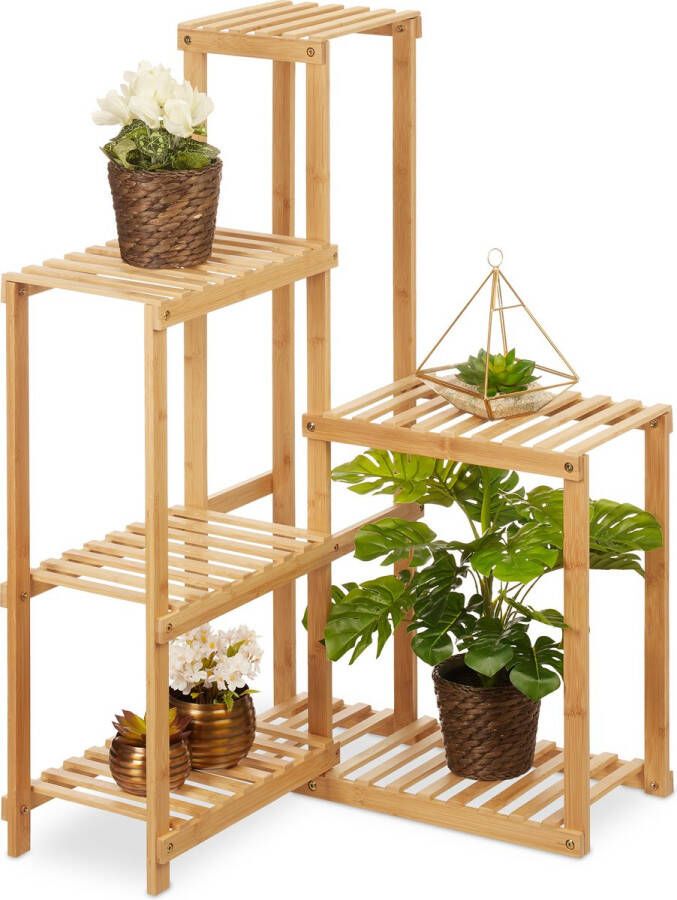 Relaxdays plantenrek hoek plantenstandaard bamboe 6 etages rek natuur