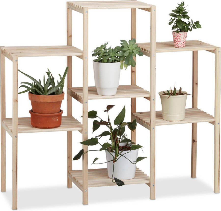 Relaxdays plantenrek hout plantenetagère rustiek bloemenrek voor binnen naturel L