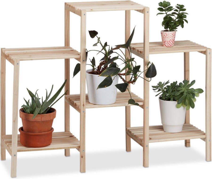 Relaxdays plantenrek hout plantenetagère rustiek bloemenrek voor binnen naturel M