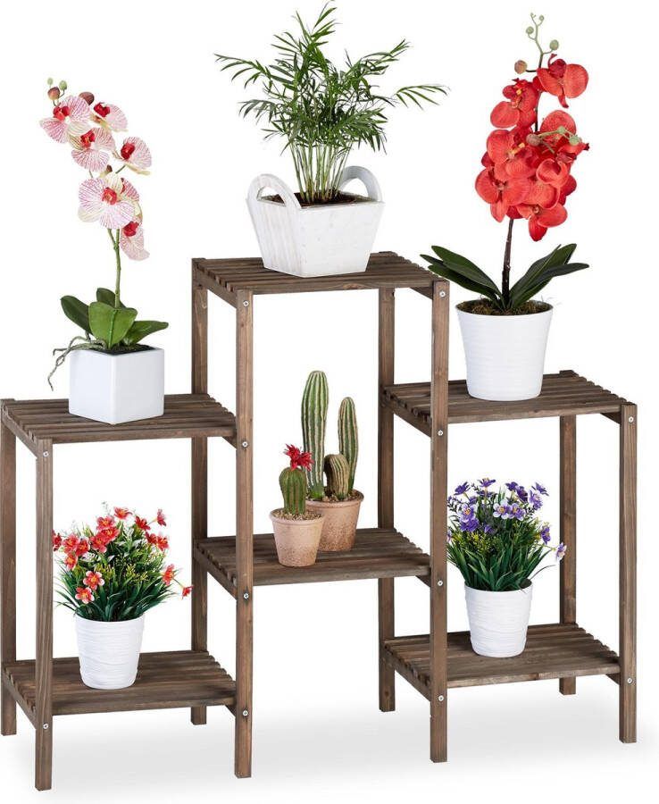 Relaxdays plantenrek hout plantentafel bruin plantenstandaard bloemenrek M