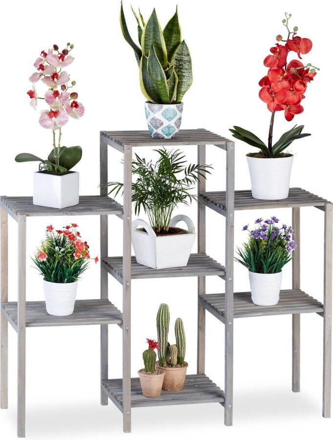 Relaxdays plantenrek hout plantentafel plantenstandaard bloemenrek grijs L