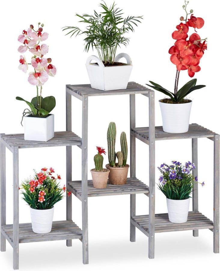 Relaxdays plantenrek hout plantentafel plantenstandaard bloemenrek grijs M