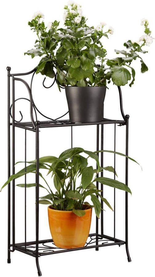 Relaxdays plantenrek metaal 2 etages bloemenrek zwart kleine plantentrap buiten