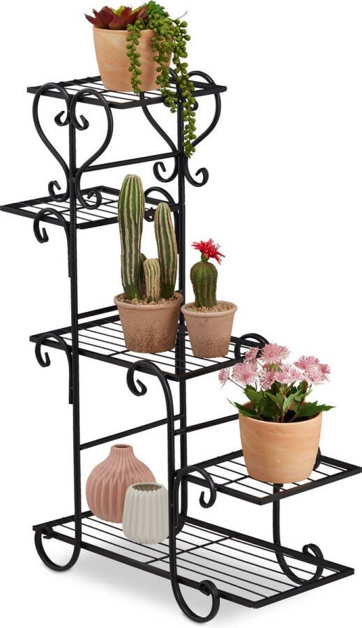 Relaxdays plantenrek metaal bloemenrek plantentrap binnen planten etagère retro zwart