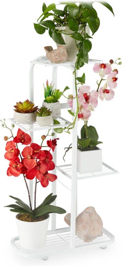 Relaxdays plantenrek metaal planten etagere bloemenrek binnen buiten kruidenrek wit