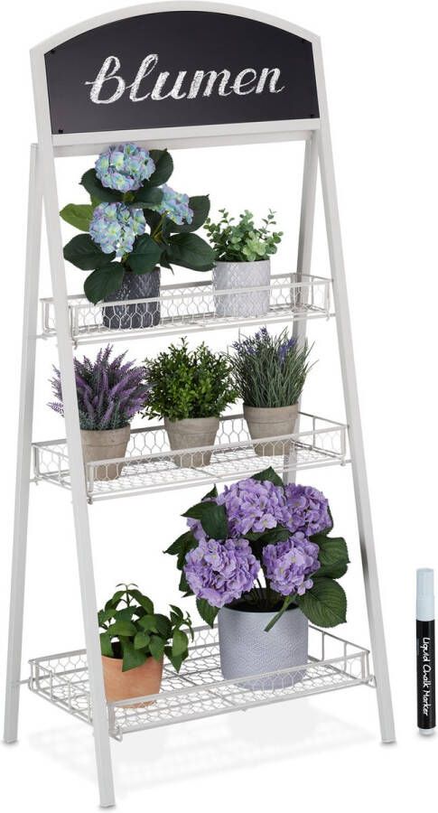 Relaxdays plantenrek metaal wit 3 -etages planten etagere plantentrap met bord