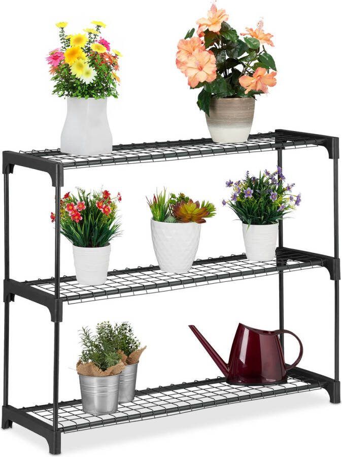 Relaxdays plantenrek zwart bloemenrek met 3 etages binnen metalen kamerplanten rek